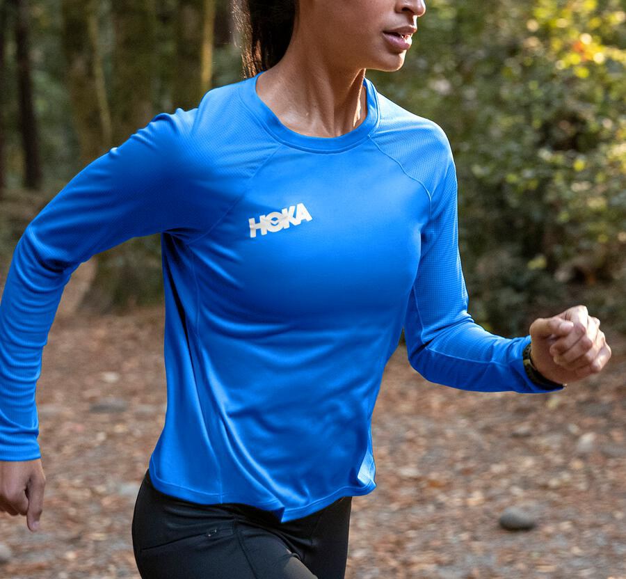 Top Hoka One One Mujer Azules - Performance Long Sleeve - YIXJ71924